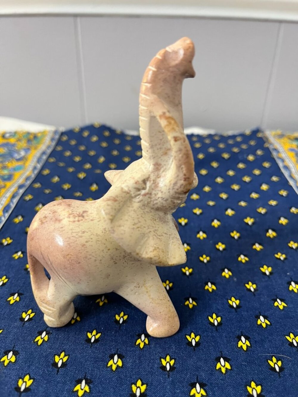 Carved Pink Marble Elephant Figurine Trunk Up Stone Animal Statue